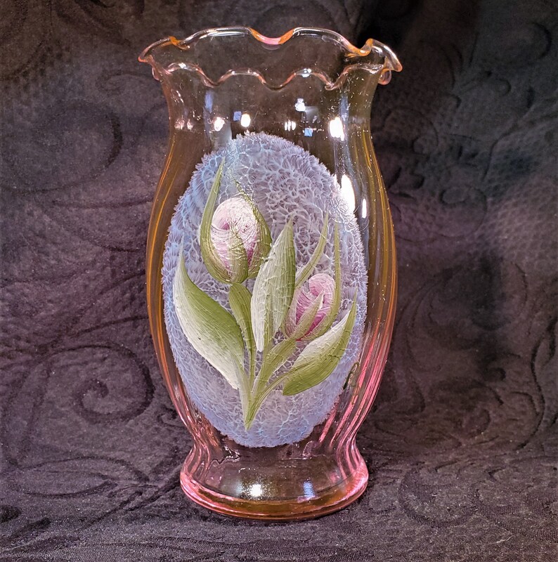 Very Pretty Pink Vase with Flowers 6 & 1/2 inches tall Hand image 0