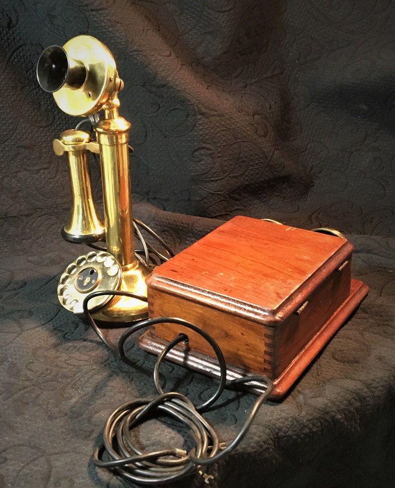 Antique Brass Candlestick Telephone With Wall Ringer Box Etsy UK