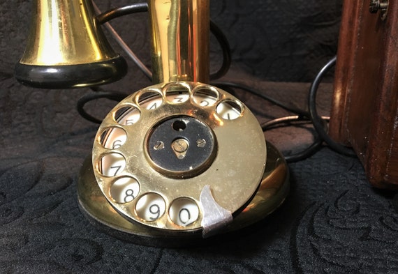 Antique Brass Candlestick Telephone With Wall Ringer Box - Bell