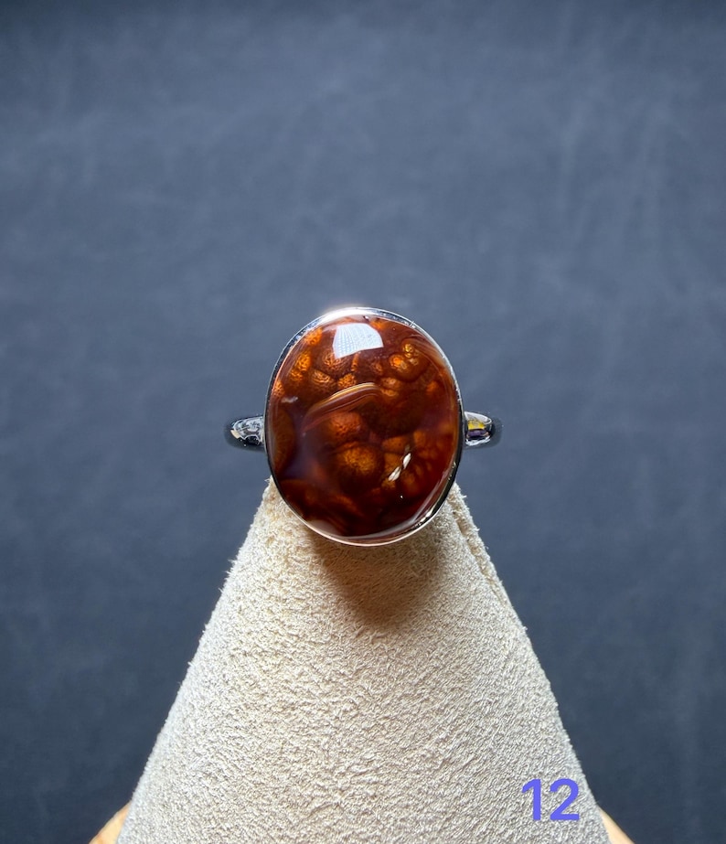 Op de afbeelding: Een zilveren ring met een grote, ovaalvormige cabochonsteen in een diepe roodbruine kleur met een opvallend, bubbelachtig of orbiculair intern patroon. De steen is gezet in een gladde, gepolijste zilveren zetting met een dunne ringband.
