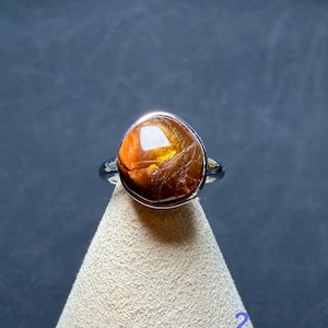 Op de afbeelding: Een zilveren ring met een gepolijste, ronde, bruin en amberkleurige steen met zichtbare interne aders en een glad, reflecterend oppervlak. De steen is gezet in een eenvoudige, gepolijste zilveren band die om de vinger sluit.