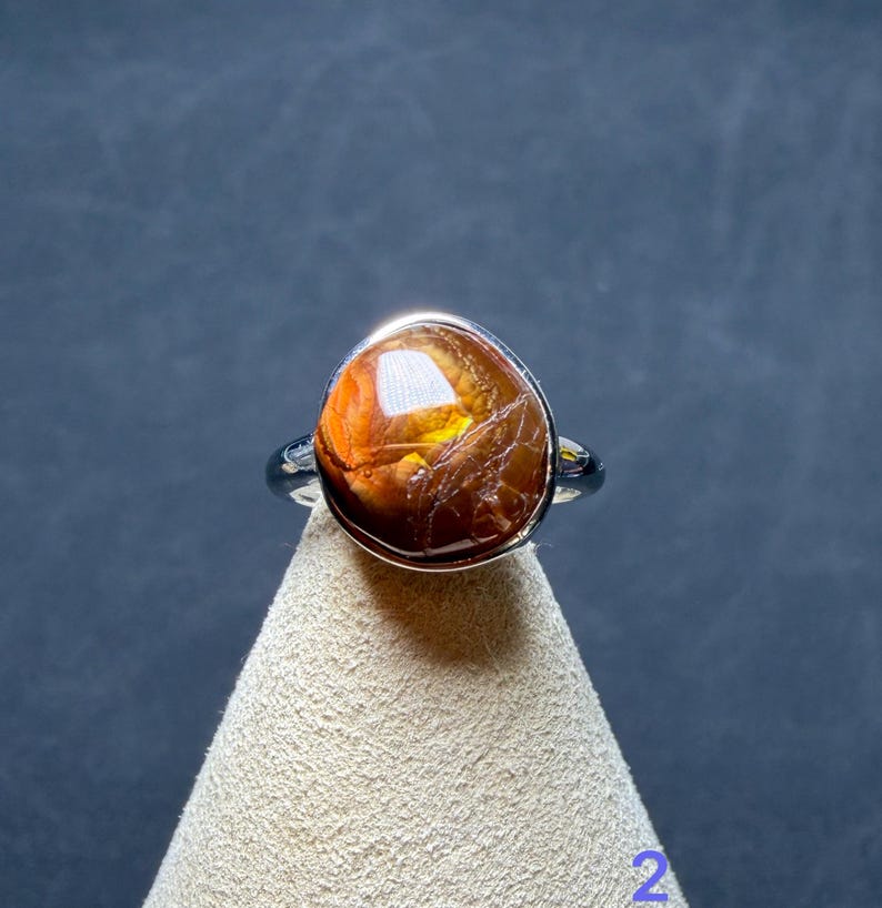 Op de afbeelding: Een zilveren ring met een gepolijste, ronde, bruin en amberkleurige steen met zichtbare interne aders en een glad, reflecterend oppervlak. De steen is gezet in een eenvoudige, gepolijste zilveren band die om de vinger sluit.