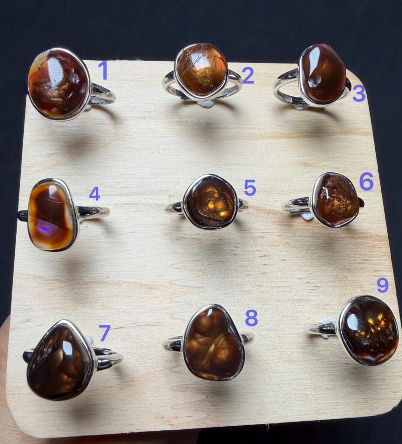 Op de afbeelding: Negen zilveren ringen met gepolijste, onregelmatige, bruine vuuragaat edelstenen, elk gemarkeerd met een blauw cijfer van 1 tot 9. De ringen zijn in een raster op een lichtgekleurde houten plank gerangschikt en tonen diverse vormen.