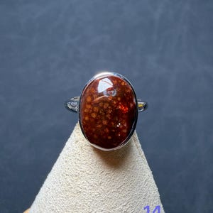 Op de afbeelding: Een zilveren ring met een grote, ovaalvormige, dieproodbruine steen met een opvallend, ingewikkeld, stervormig patroon over het hele oppervlak. De steen is gezet in een gladde, gepolijste zilveren zetting, het getal 14 is zichtbaar.