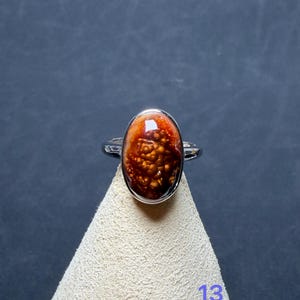 Op de afbeelding: Een zilveren ring met een ovaalvormige cabochonsteen met een donkeroranje en bruin gevlekt patroon. De steen heeft een glanzend, getextureerd oppervlak met lichtere gouden vlekjes. Het getal 13 staat in het blauw rechtsonder gedrukt.