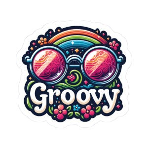 ColorFlow | Groovy Retro Sticker with Rainbow Sunglasses and Flowers | Hippie Aesthetic 70s Vibes Vinyl Decal Art