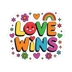 Love Wins LGBTQ Pride Sticker: Rainbow Hearts & Flowers Vinyl Decal