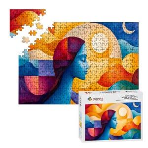 ColorFlow | Modern Abstract Puzzle 300 Pieces Blue Woman and Sun Moon Jigsaw Puzzle for Adults Wooden Glossy Art Puzzle Gift
