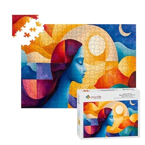 ColorFlow | Modern Abstract Puzzle 500 Pieces Blue Woman and Sun Moon Jigsaw Puzzle for Adults Wooden Glossy Art Puzzle Gift