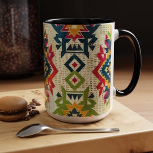 ColorFlow | Southwest Tribal Print Ceramic Mug | Geometric Accent Coffee Cup | Boho Aztec Tea Mug Gift 11oz 15oz Home Decor