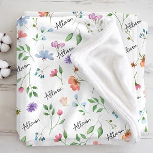Personalized Wildflower Baby Blanket, Custom Baby Blanket with Name, Newborn Girl Nursery Decor, Newborn Swaddle, Blanket Gift for Baby