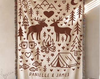 Personalized Camping Throw Blanket Outdoorsy Couple Gift for Nature Lover Tapestry with Family Name Camp Blanket Adventure Couple Keepsake