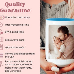 May include: White ceramic mug with a blue interior and handle. The mug features a photograph of a person holding a baby. The mug is printed on both sides, microwave and dishwasher safe.