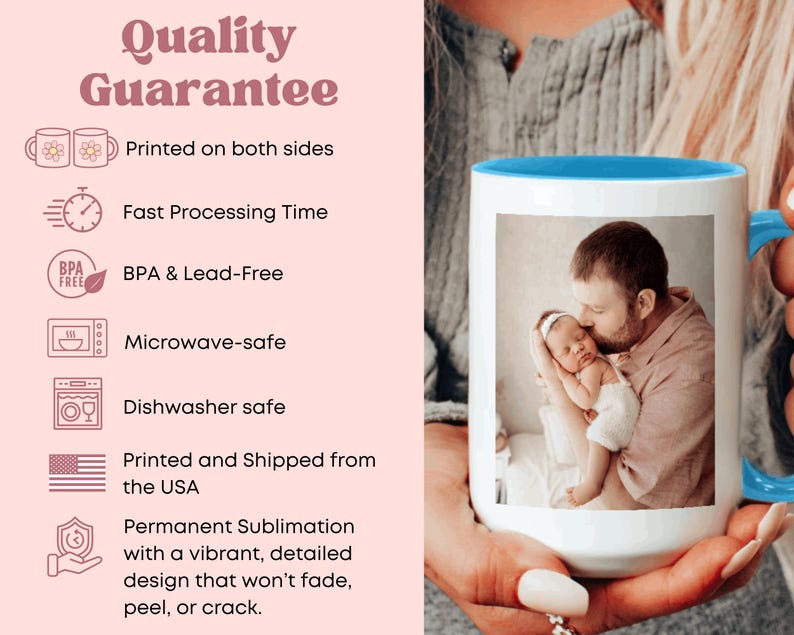 May include: White ceramic mug with a blue interior and handle. The mug features a photograph of a person holding a baby. The mug is printed on both sides, microwave and dishwasher safe.