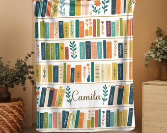 Custom Book Lover Blanket, Bookshelf Library Throw Gift Cottagecore Book Wildlowers Blanket Gift Library Gift Floral Bookish Gift For Reader