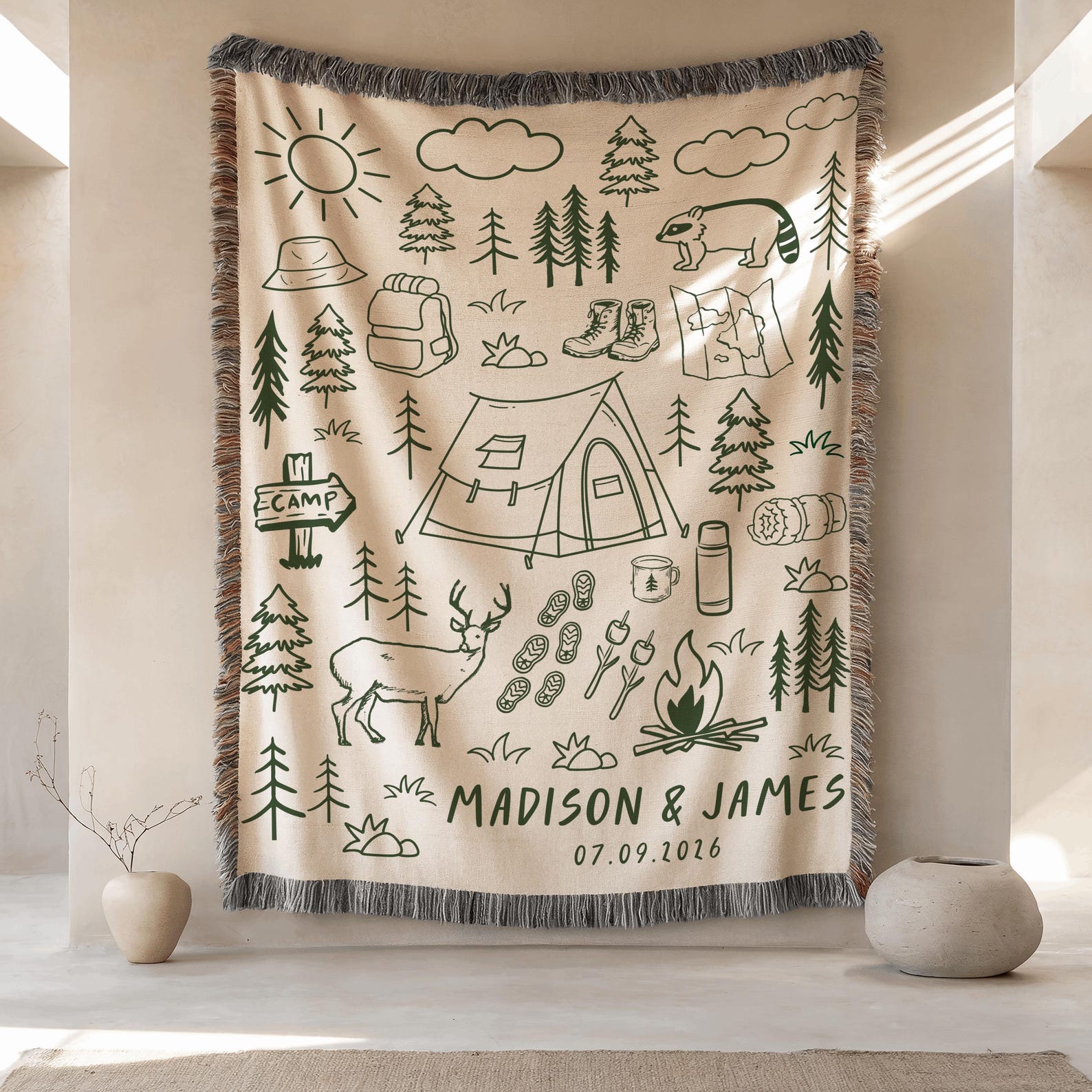 Outdoorsy Couple Blanket, Nature Lovers Engagement Gift, Adventure Cotton Anniversary, Personalized Couple Mountain Throw, Couple Keepsake - 60 x 80 IN, Green