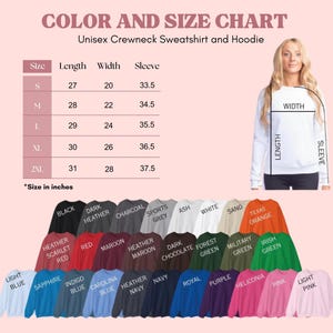 Puede incluir: Una tabla de colores y tallas para una sudadera y sudadera con capucha unisex. La tabla muestra las medidas en cent&iacute;metros para las tallas S a 2XL. Se muestran una variedad de colores de sudaderas, incluyendo negro, rojo y azul.