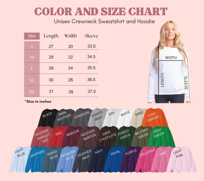 Puede incluir: Una tabla de colores y tallas para una sudadera y sudadera con capucha unisex. La tabla muestra las medidas en cent&iacute;metros para las tallas S a 2XL. Se muestran una variedad de colores de sudaderas, incluyendo negro, rojo y azul.