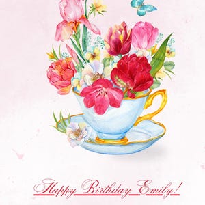 Cartão de aniversário floral personalizado – editável, dobrável e imprimível para ela com nome personalizado, design elegante de flores em xícaras de chá