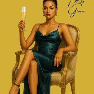 May include: A woman in a teal satin dress sits in a gold chair, holding a glass of champagne. The text "Zero F*cks Given" is written in cursive above her head.