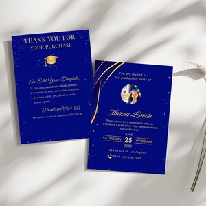 Modèle d'invitation de remise des diplômes modifiable - promotion 2025 - invitation à une fête bleu et or - téléchargement sur toile - carte de diplômé imprimable
