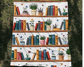 Cottagecore Bookshelf Blanket: Whimsical Books & Plants Throw