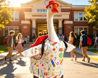 Conjunto de ganso para la vuelta al cole, disfraz de ganso con estampado de lápices, mochila y gorro, ropa de ganso de jardín de 58 cm, adorno de jardín original
