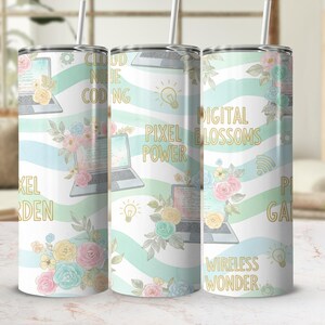 May include: A cylindrical stainless steel tumbler with a straw, featuring a repeating pattern of laptops, light bulbs, and pastel-coloured floral arrangements over wavy light blue and white stripes, with text including Pixel Power and Digital Blossoms.