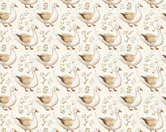 Vintage Farmhouse Goose Cotton Fabric Watercolor Ducks & Wildflowers Fabric Boho Fabric By The Half Yard