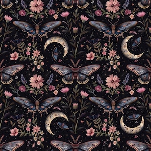 May include: A seamless pattern featuring dark blue and gray moths with delicate wings, pink flowers, and crescent moons on a black background.