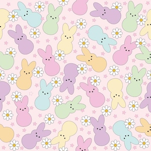 Może przedstawiać: Wzór bez szwów z pastelowymi kształtami królików z białymi kwiatami stokrotek i różowymi gwiazdami na jasnoróżowym tle.