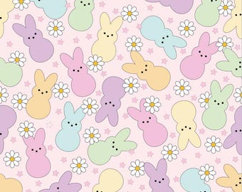 Pastel Easter Bunny Cotton Fabric Peep Kids Boys Cute Kawaii Spring Rabbits & Daisies Fabric Cartoon Fabric Anime Fabric By The Half Yard