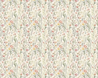 Wildflower Meadow Cotton Fabric Watercolor Floral Print on Cream Fabric Boho Fabric By The Half Yard