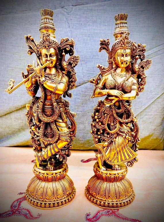 真鍮製のクリシュナ・ラダ像 – インドの信仰心あふれる装飾品、手作り 