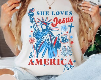 Maglietta per il Giorno dell'Indipendenza, Ama Gesù e anche l'America, Maglietta del 4 luglio, Maglietta cristiana, Maglietta con bandiera USA retrò, Maglietta rossa, bianca e blu