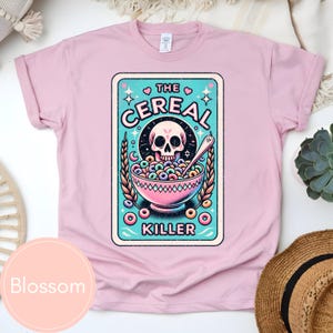 Camiseta unissex de carta de tarô esqueleto, camiseta engraçada de assassino de cereais, camiseta de comida de café da manhã, roupas místicas