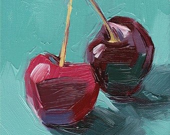 Cherry Oil Painting •  Giclée Print • 5x7 • “Cherry Kiss”