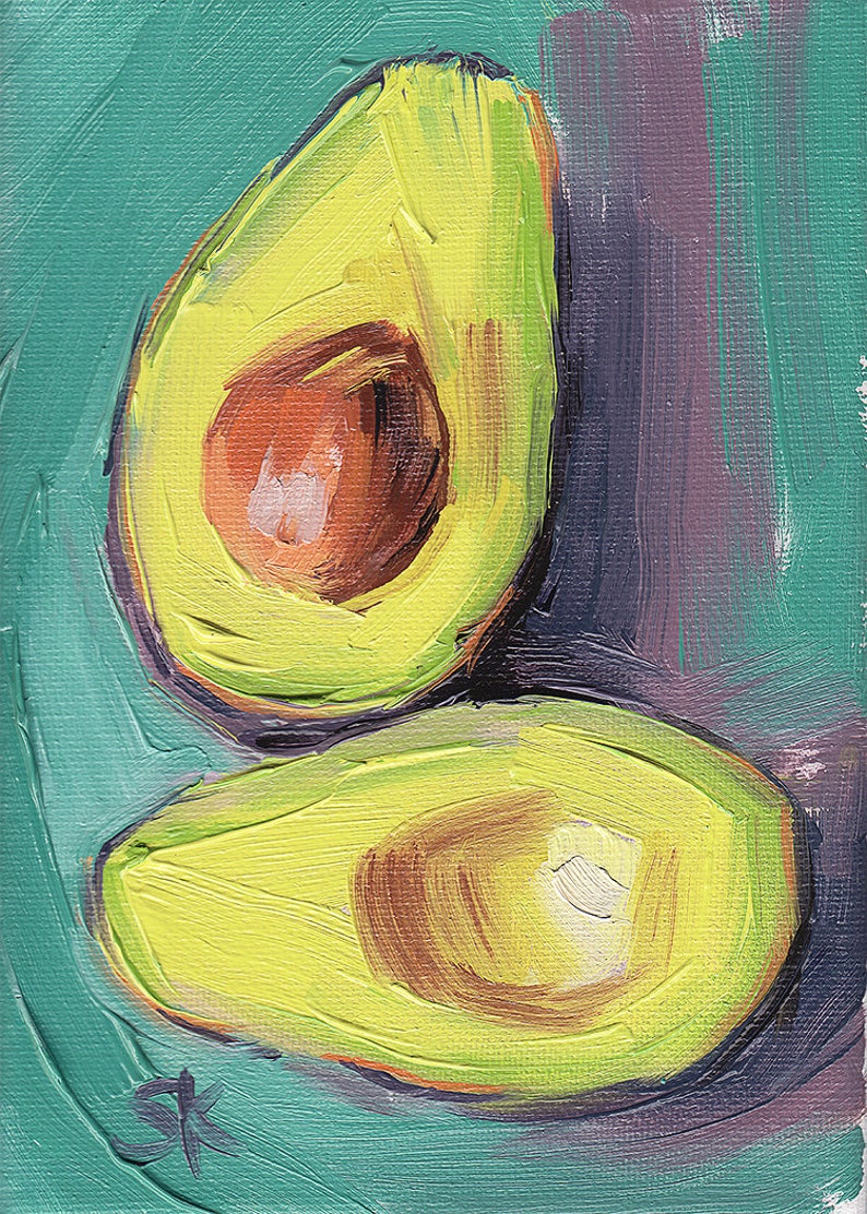 Green avocado kitchen art oil painting giclee print // 5x7 // | Etsy