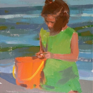 Girl on Beach at Sunset Collecting Shells • Giclée Print of Oil Painting • 8x10 • “Sophie’s Seashell”