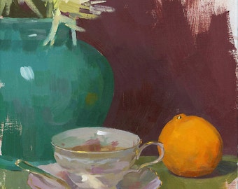 antique tea original oil painting 11 x 14 - Nana's Tea Cup