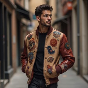 Personalised Men’s Varsity Jacket with Chenille Patches | Wool & Leather Letterman Bomber Jacket, Handmade Chenille Patch Streetwear Unisex