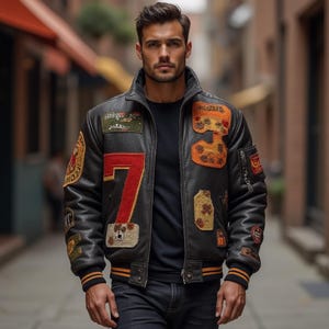 Personalised Men’s Leather Jacket with Chenille Patches | Black Bomber Leather Jacket | Vintage Style Embroidered Patch Streetwear