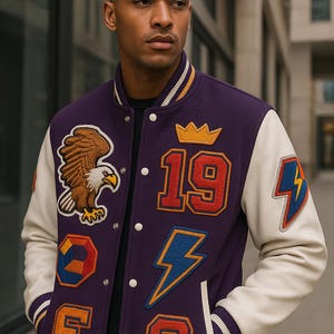 Personalised Varsity Jacket with Chenille - Embroidered Patches – Eagle, Crown & Lightning Bolt – Streetwear - College Style