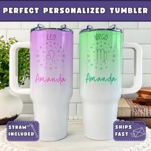 Personalized Astrology Tumbler, Custom Zodiac Name Insulated Tumbler for Girlfriend, Stainless Steel 40oz Tumbler with Handle, Aries Scorpio