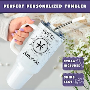 Custom Astrology Tumbler, Personalized Zodiac Sign Stainless Steel Tumbler with Straw, Custom Name 40 oz Tumbler with Handle, Capricorn, Leo
