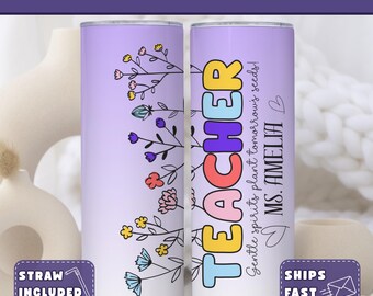 Custom Back to School Gift for Teacher, Personalized Teacher Tumbler with Straw, New Teacher Gift Stainless Steel Skinny 20oz Flower Tumbler