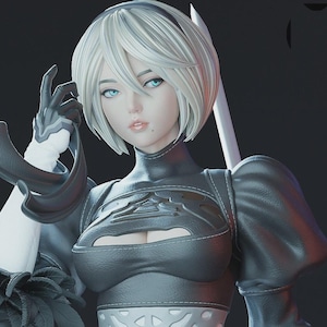 May include: A detailed figure of a female character with short white hair and blue eyes. She wears a black and white outfit with a high collar, cut-out chest, and a decorative belt. The figure is holding a sword.