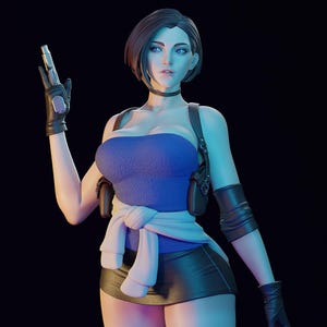 Puede incluir: Una figura renderizada en 3D de una mujer con un top de tubo azul, una falda negra y guantes, sosteniendo una pistola plateada. Tiene el pelo corto y oscuro y una gargantilla. Un suéter blanco está atado a su cintura. La figura está sobre un fondo oscuro.