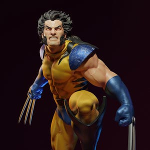 May include: A detailed figurine of Wolverine in a dynamic pose, featuring a yellow and blue costume with metallic blue accents. The figure has a stern expression, claws extended, and black hair. The overall design is highly detailed.
