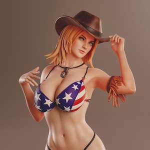 May include: A digitally rendered figure of a woman wearing a brown cowboy hat and a bikini. The bikini top features a design of blue stars and red and white stripes. The bottom is red with black trim. A necklace and arm band are also visible.